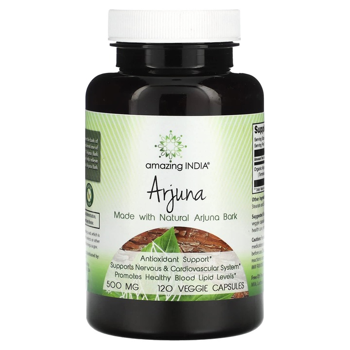 Supliment alimentar, Amazing India, Arjuna, 500 mg, 120 capsule vegetale, suport pentru sanatatea inimii, vegan