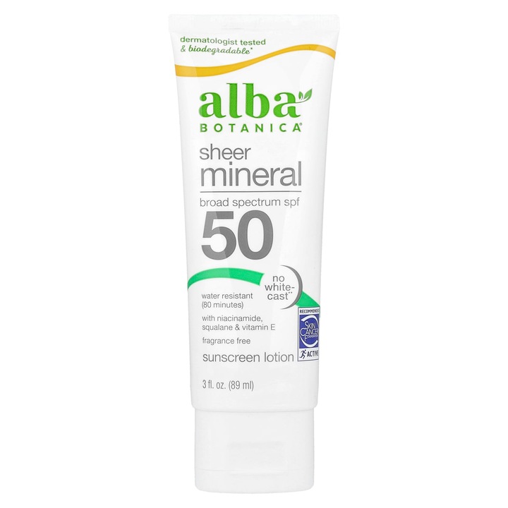 Lotiune de protectie solara minerala, Alba Botanica, SPF 50, 89 ml, fara parfum, rezistenta la apa