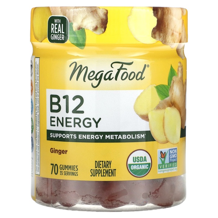 MegaFood, B12 Energie, imbir, 70 de jeleuri, organic, vegan