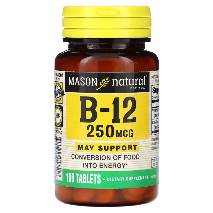 Mason Natural, B-12, 250 micrograme, 100 tablete, fara gluten, fara soia