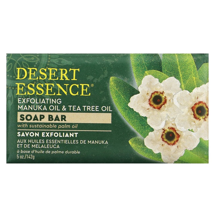 Desert Essence, Sapun solid exfoliant cu ulei de Manuka si ulei de arbore de ceai, 142g