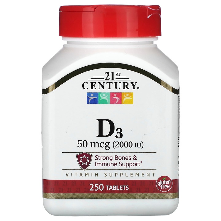 Vitamina D3, 21st Century, 50 mcg, 250 tablete, fara gluten