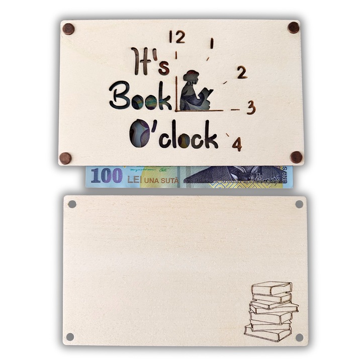 Дървена картичка с изрязан надпис „it's book o'clock“ 17x10,5 см – Креативна поставка за пари, ваучер или карта за подарък. Идеална за любителите на четенето, подаръчна книга