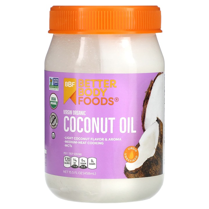 Ulei de cocos organic, BetterBody Foods, presat la rece, 458 ml, fara gluten, fara BPA