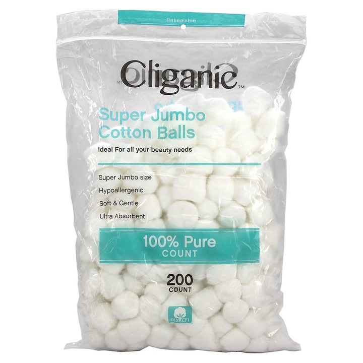 Bile de bumbac Super Jumbo Cliganic, 200 bucati, ultra absorbante, 100% pure