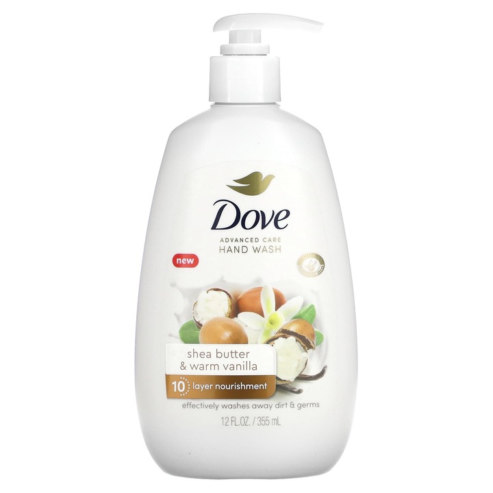 Течен сапун за ръце Dove Advanced Care, масло от ший и топла ванилия, 355 мл