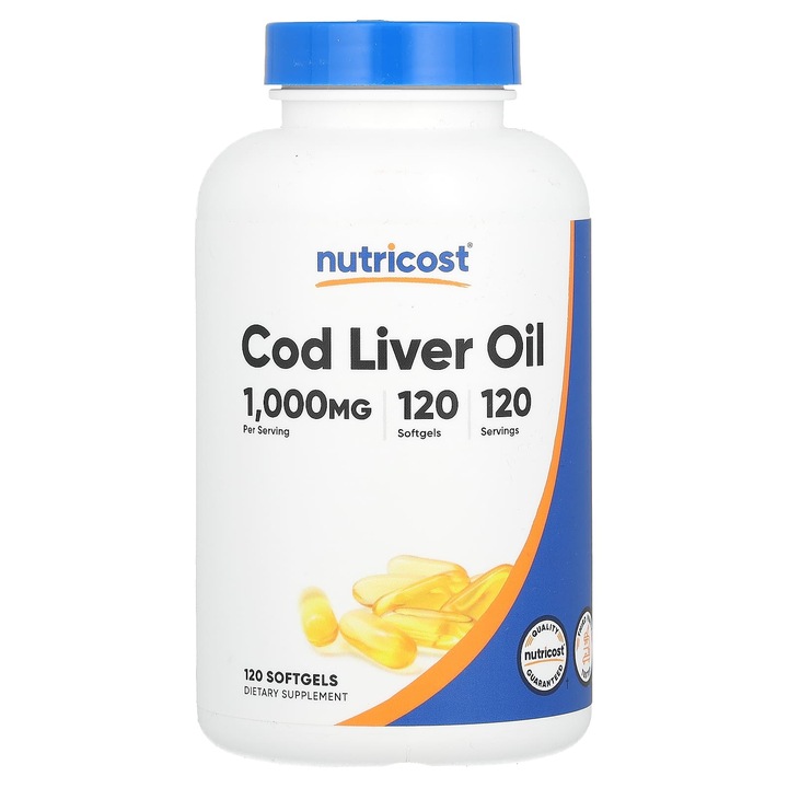Ulei din ficat de cod, Nutricost, 1000 mg, 120 capsule moi, sursa de vitamine A si D, fara gluten