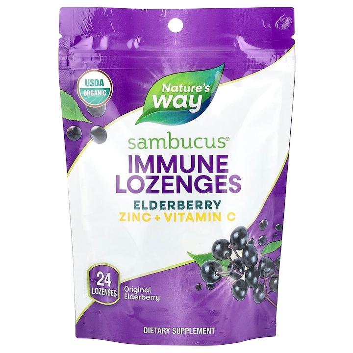 Suplimente pentru imunitate Sambucus Elderberry, Nature's Way, cu zinc si vitamina C, 24 pastile