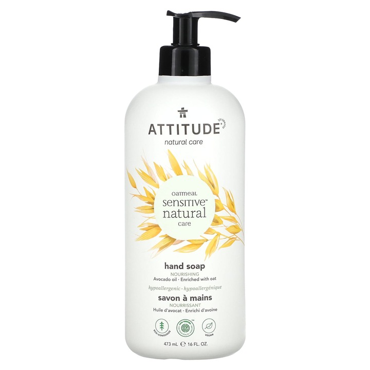 Течен сапун за ръце, Attitude, Owsianka Sensitive Natural Care, масло от авокадо, 473 мл