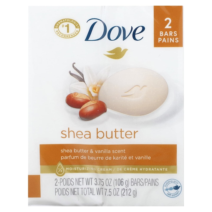 Set de 2 sapunuri, Dove, 2x106g, cu unt de shea si vanilie, pH echilibrat
