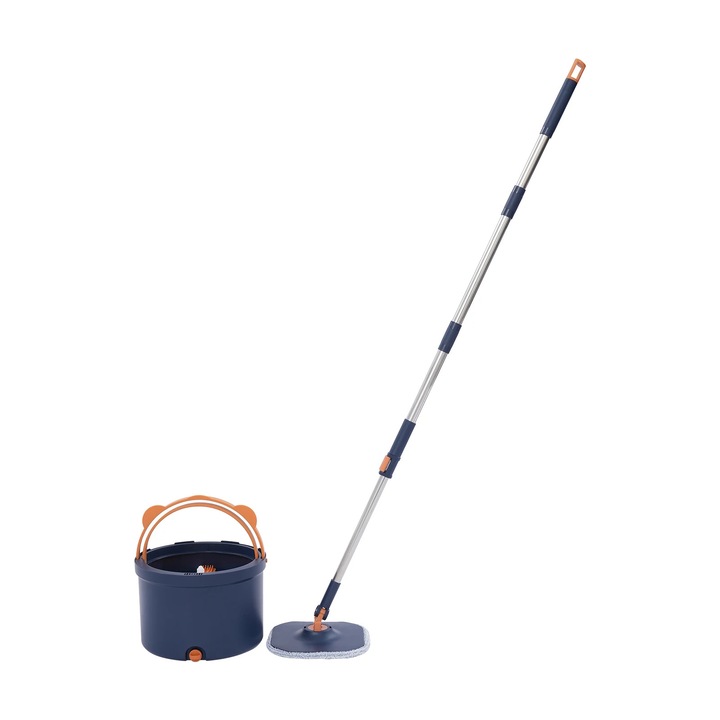 Mop rotativ, Mop de podea cu galeata centrifuga, Rotire 360°, Microfibra, Coada din otel, Stoarcere 80–90%, Galeata 28×19 cm, Roz