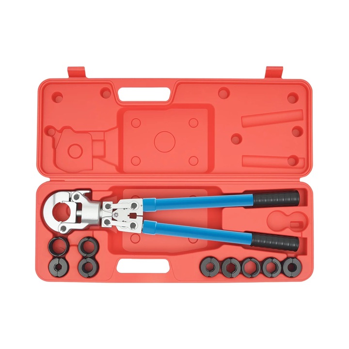 Set cleste sertizare PEX, CW-1632, forta de 6 t, pentru tevi PEX/PB si inele din cupru, taietor PEX inclus, sablon Go/No-Go, maner drept, otel Cr40