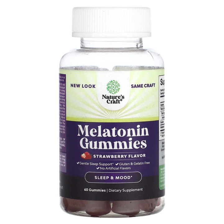 Gummy-uri cu melatonina, Nature's Craft, capsuni, 60 bucati, fara gluten, fara gelatina