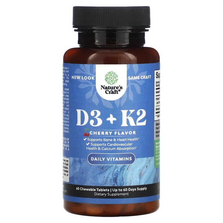 Nature's Craft D3 + K2, 60 tablete masticabile, 2000 IU, cirese, vitamina pentru sanatatea oaselor si a inimii