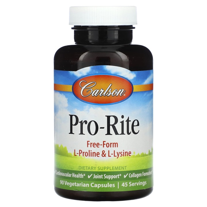 Supliment alimentar Carlson, Pro-Rite, 90 capsule vegetale, L-prolina si L-lizina, sanatatea cardiovasculara, fara gluten