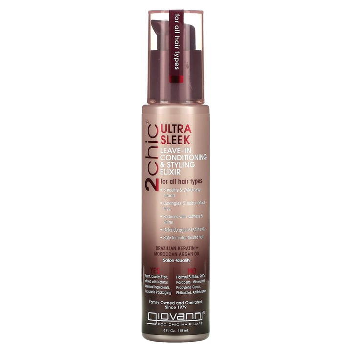 Elixir de styling fara clatire Giovanni, 118 ml, keratina braziliana, ulei argan marocan, pentru toate tipurile de par