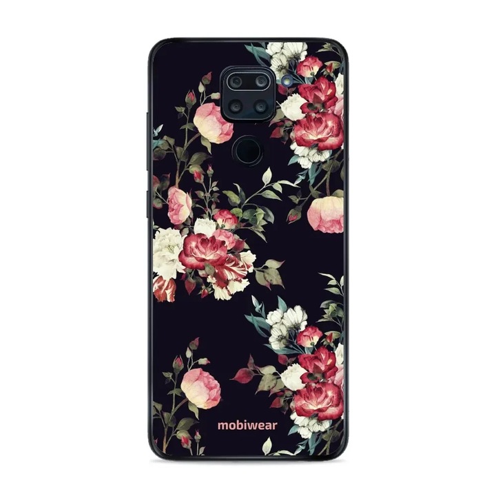Husa telefon Mobiwear Glossy pentru Xiaomi Redmi Note 9, design flori pe fundal negru, rezistent la socuri si zgarieturi, material plastic, set 1 husa