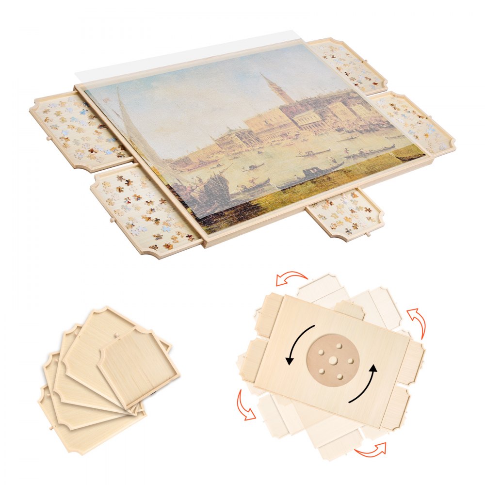 Masa puzzle din lemn, rotire 360, 5 sertare, capac transparent