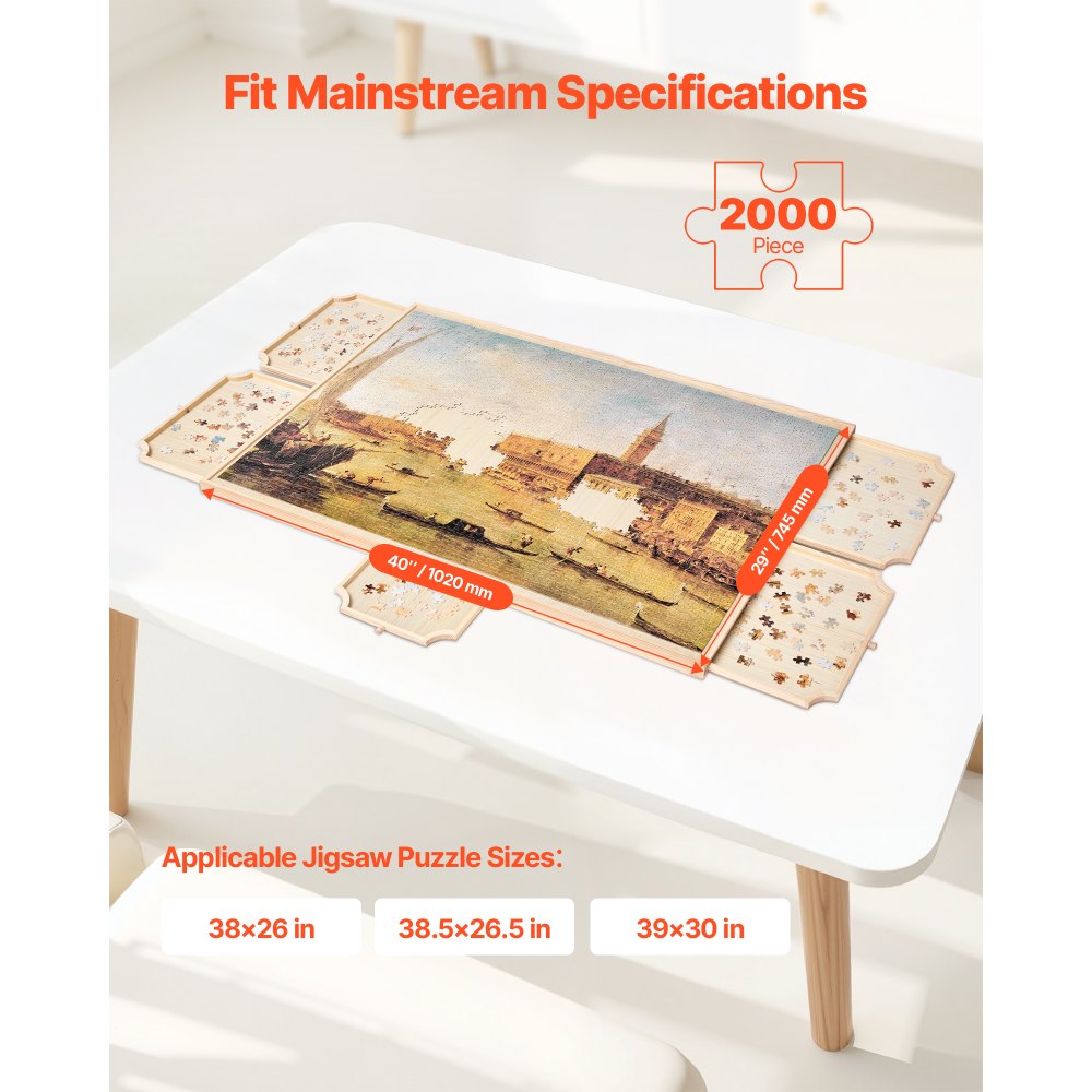 Masa puzzle din lemn, rotire 360, 5 sertare, capac transparent