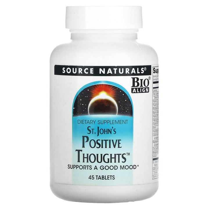 Supliment alimentar, Source Naturals, Ganduri Pozitive St. John's, 45 tablete, cu extracte din plante, contine GABA si magneziu