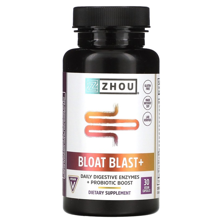 Zhou Nutrition, Bloat Blast+, set 30 capsule vegane, fara gluten, fara soia, cu probiotice