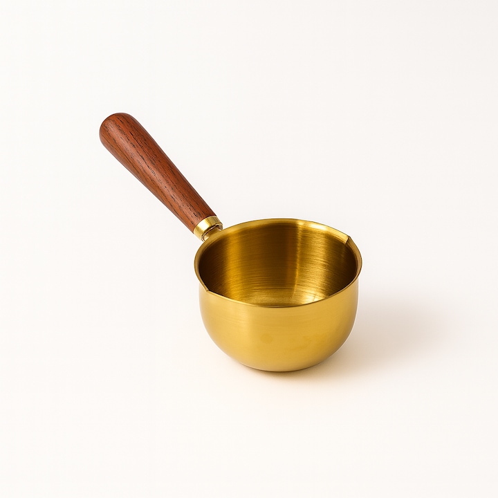 Sárgaréz vízforraló fa fogantyúval, 150 ml, Ideális kávéhoz vagy török kávéhoz, 1-2 csésze, Arany