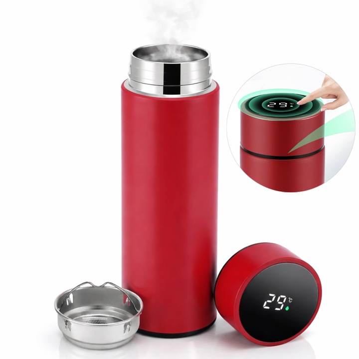 Termos inteligent Macvi® Smart 500 ml cu afisaj LED temperatura sticla termoizolanta inox perete dublu infuzor ceai capac tactil mentine cald 12 ore rosu