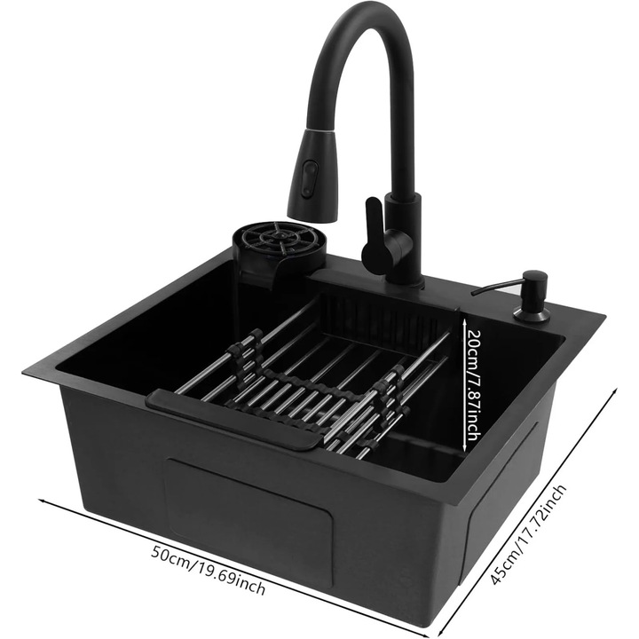 Chiuveta bucatarie, 50x45 cm, robinet retractabil, scurgere rapida, inox