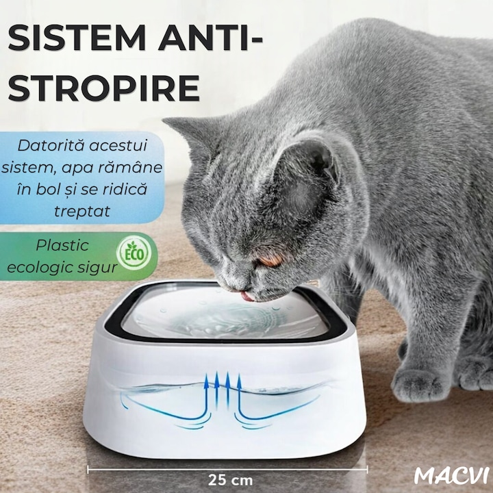 Bol Macvi® pentru apa, antistropire si antialunecare, 1.5 L, alb, pentru caini si pisici, plastic