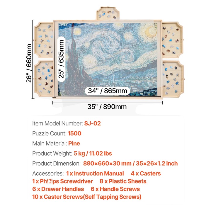 Kirakótálca, 1500 darabos, forgó állvánnyal, 5 fiókkal, natúr fenyőfából, átlátszó fedéllel