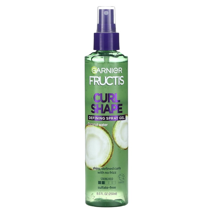 Spray gel de par Garnier, Fructis Curl Shape, 250 ml, apa de cocos, fixare puternica, vegan