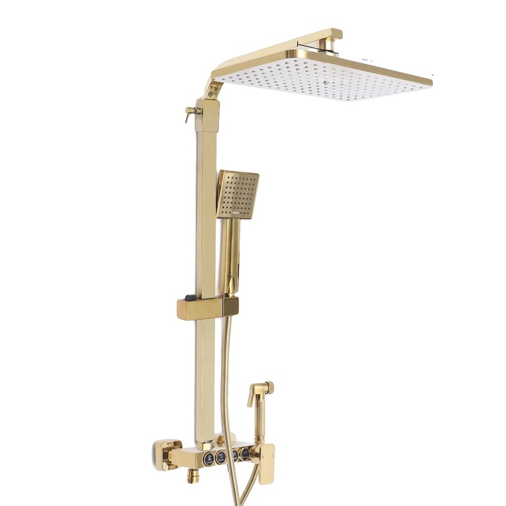 Set de dus, montare pe perete, 4 moduri de apa, aurie, 31.5x22cm