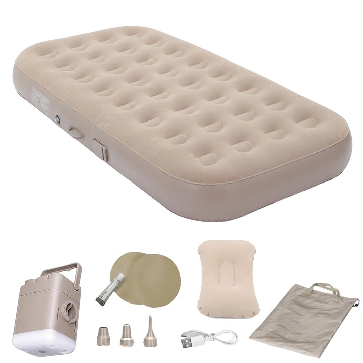 Kemping felfújható matrac, egyszemélyes méret, szúrásálló, beépített pumpával, PVC, 300 kg, könnyű