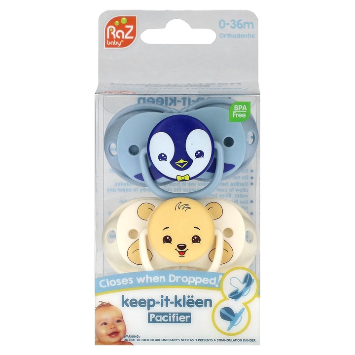 Set 2 suzete RaZbaby Keep-It-Kleen, Pingvin si Niedzwiedz, 0-36 luni, fara BPA