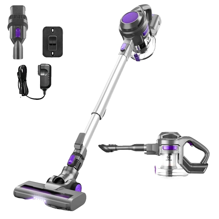 Aspirator fara fir, 600W, putere de aspiratie 56KPA, display LED inteligent, albastru, capacitate colectare 1.5L