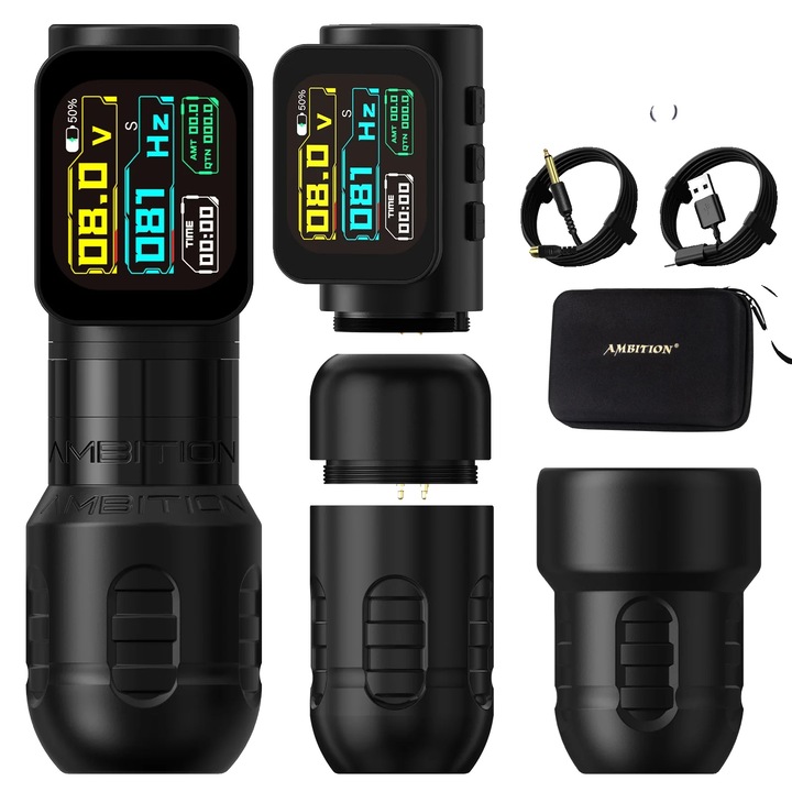 Машина за татуировки, безчетков мотор, регулируемо напрежение, черна, комплект от 2 батерии, 132x42 мм