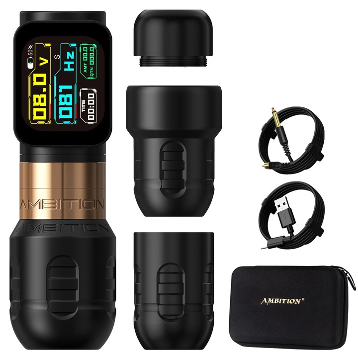 Машина за татуировки, безчетков мотор, регулируемо напрежение, златиста, 132x42 мм, 1 батерия