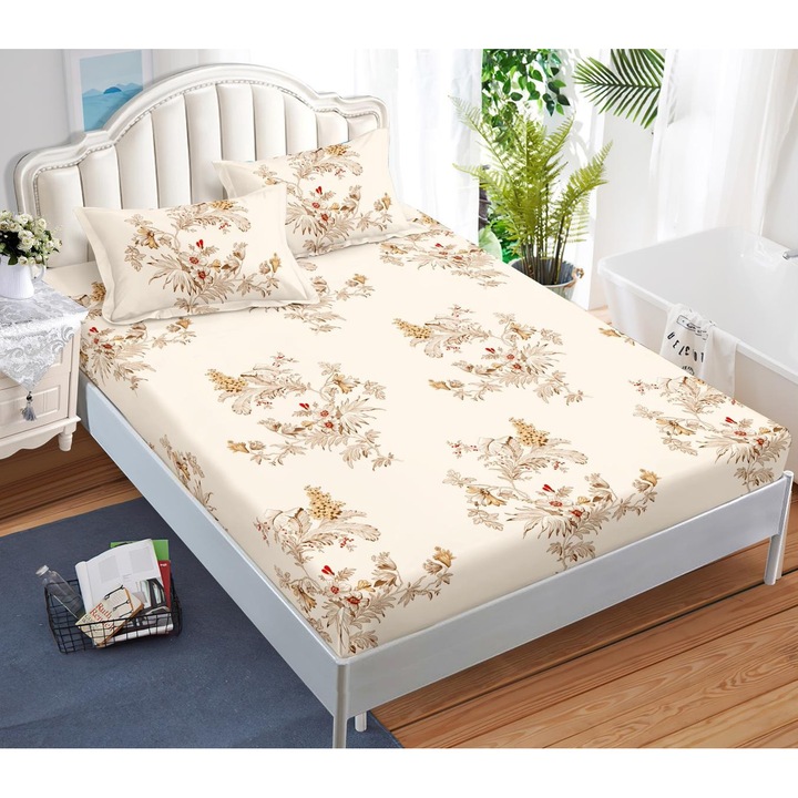Set Husa de Pat CHIRASO, cu ELASTIC, cu Imprimeu, FINET, pentru saltea de 180x200 cm si 2 Fete de Perna 52x80 cm, crem