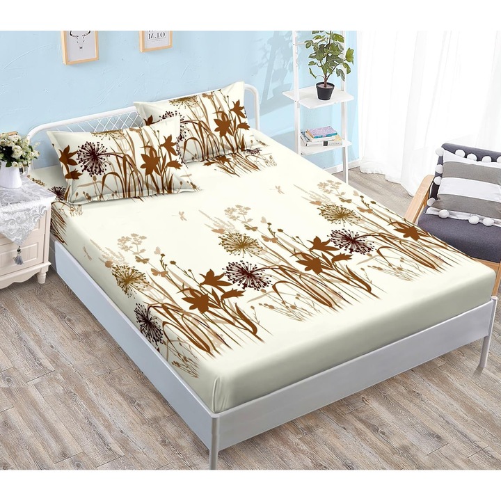 Set Husa de Pat CHIRASO, cu ELASTIC, cu Imprimeu, FINET, pentru saltea de 180x200 cm si 2 Fete de Perna 52x80 cm, crem-maro-maro deschis