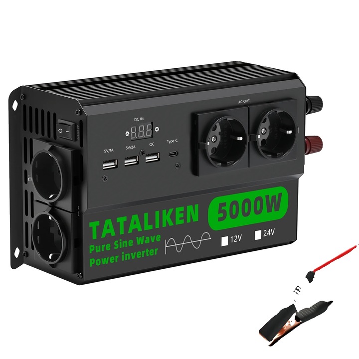 Inverter auto 12V 5000W, 4 porturi USB, negru