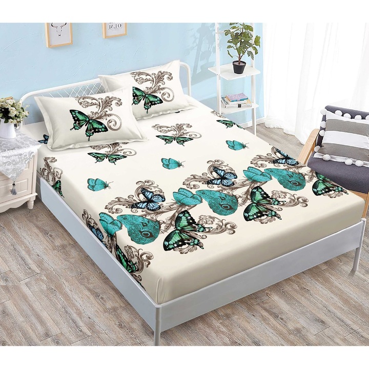 Set Husa de Pat CHIRASO, cu ELASTIC, cu Imprimeu, FINET, pentru saltea de 180x200 cm si 2 Fete de Perna 52x80 cm, alb crem-turcoaz