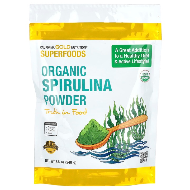 Pudra de spirulina organica, California Gold Nutrition, 240 g, vegetariana, vegana