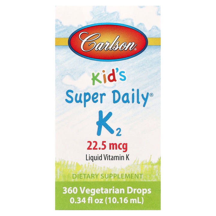Carlson, Supliment alimentar copii, Super Daily K2, 22.5 mcg, 10.16 ml, 360 picaturi, fara gluten, fara soia