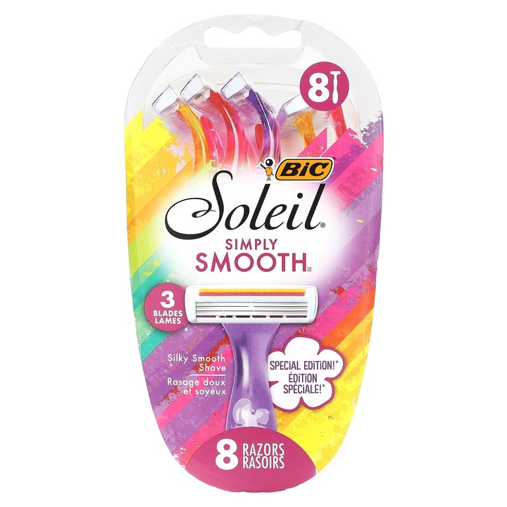 Aparat de ras BIC Soleil Simply Smooth, 3 lame, culori multicolore, set de 3 bucati