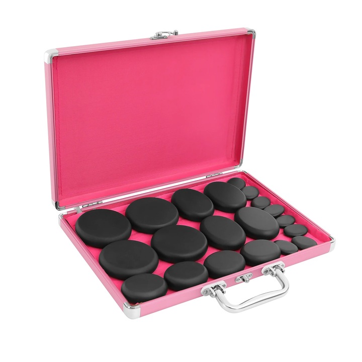 Hot Stone masszázskő készlet, indítócsomag hordozható melegítődobozzal, 20 kő, bazalt, EU csatlakozó 220 W, 60–70 °C, 3 kg, természetes fekete