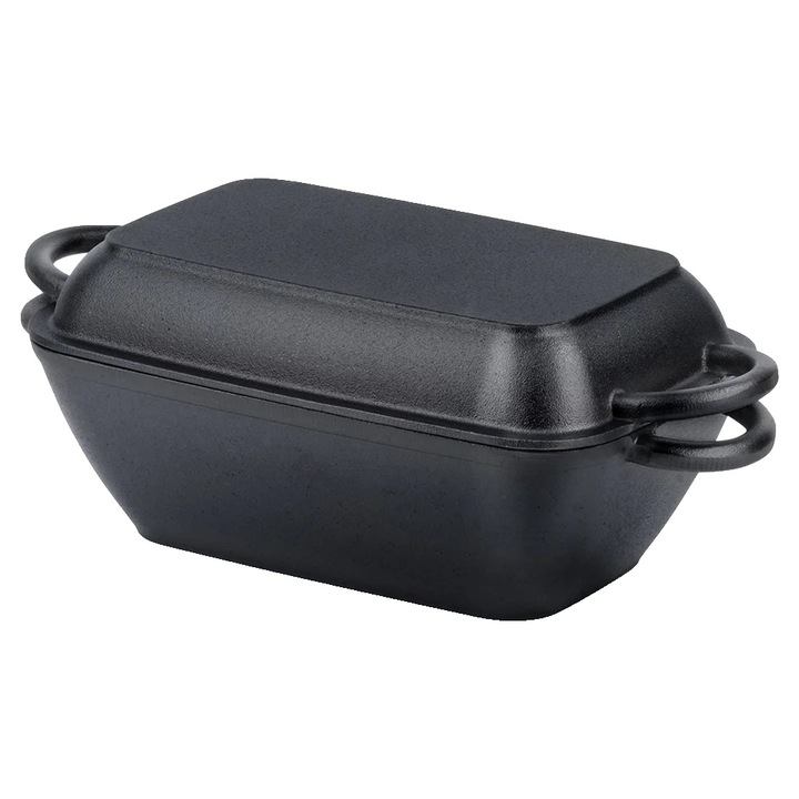 Öntöttvas sütőlap, kettős funkciójú, hőtartó, fekete, 37,5x19x9,5cm