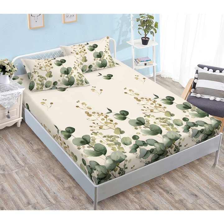 Set Husa de Pat CHIRASO, cu ELASTIC, cu Imprimeu, FINET, pentru saltea de 180x200 cm si 2 Fete de Perna 52x80 cm, crem-verde