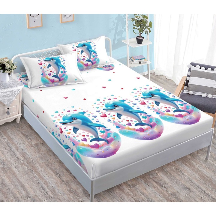 Set Husa de Pat CHIRASO, cu ELASTIC, cu Imprimeu, FINET, pentru saltea de 180x200 cm si 2 Fete de Perna 52x80 cm, alb-albastru-mov