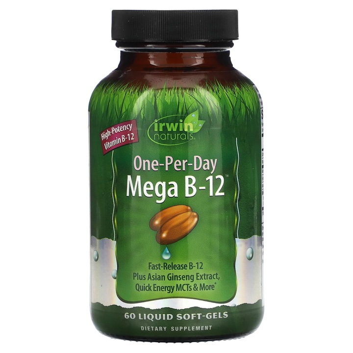 Supliment alimentar, Mega B-12, 60 capsule lichide, vitamina B-12, extract de ginseng, Irwin Naturals
