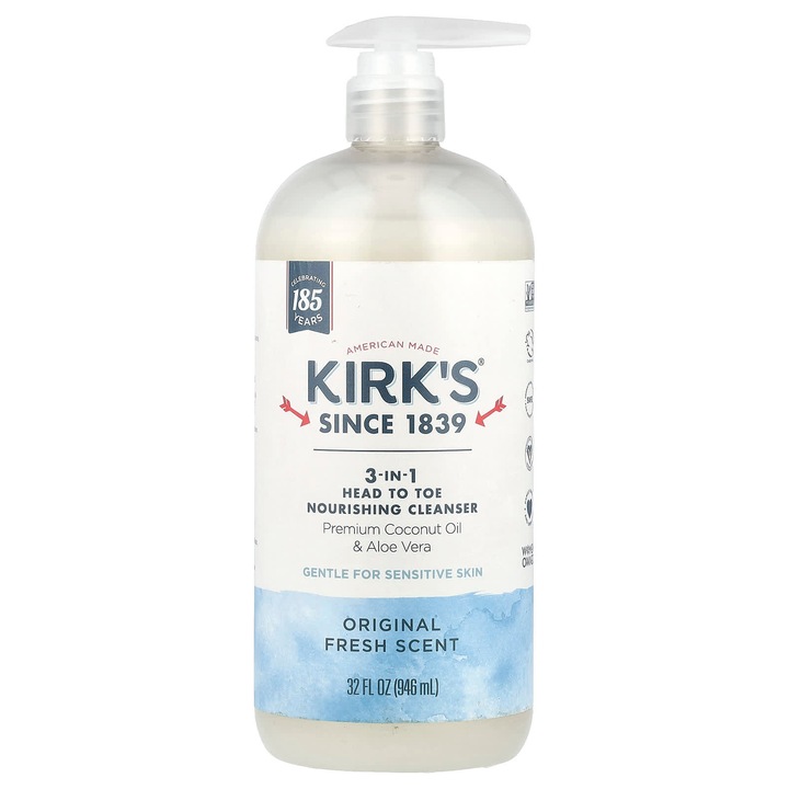 Gel de dus 3 in 1, Kirk's, cu ulei de cocos si aloe, 946 ml